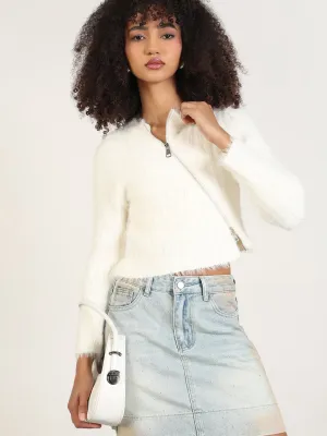 Flexible Ribbed Cuffs Women's White Solid Fitted Crop Top