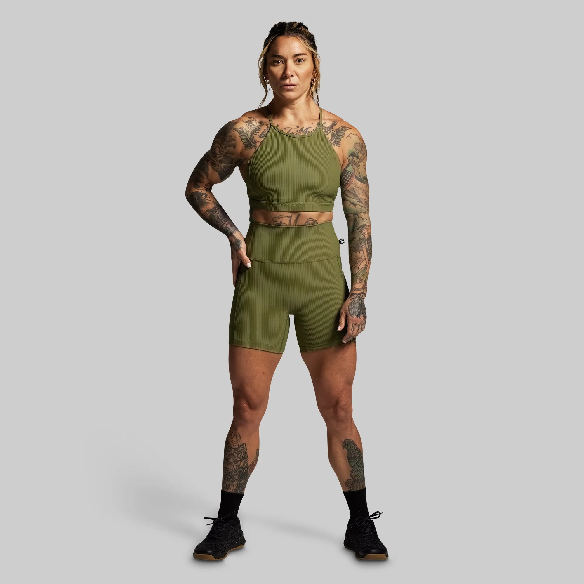 Fringed edges Hook-and-eye closure seams Break the Limits Sports Bra (Army Green)