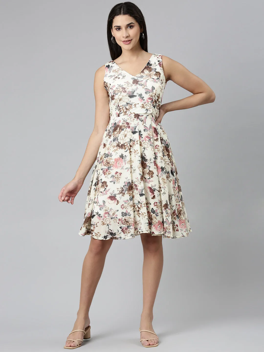 Women's Cream Floral Printed V-Neck Fit & Flare Dress Travel Staple Fashionable Fit