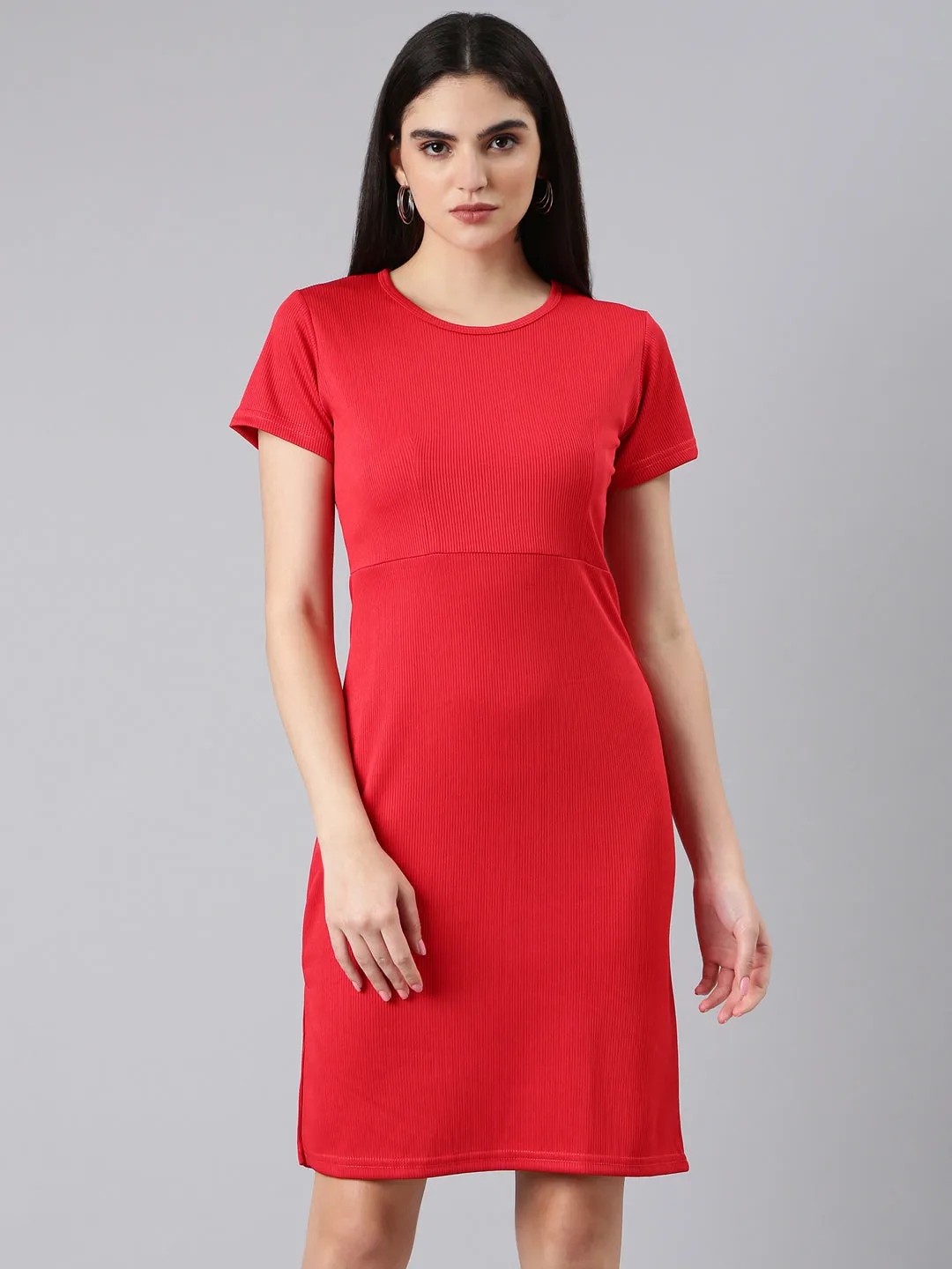 Women's Red Round Neck Sheath Dress Cotton Touch Luxury Feel