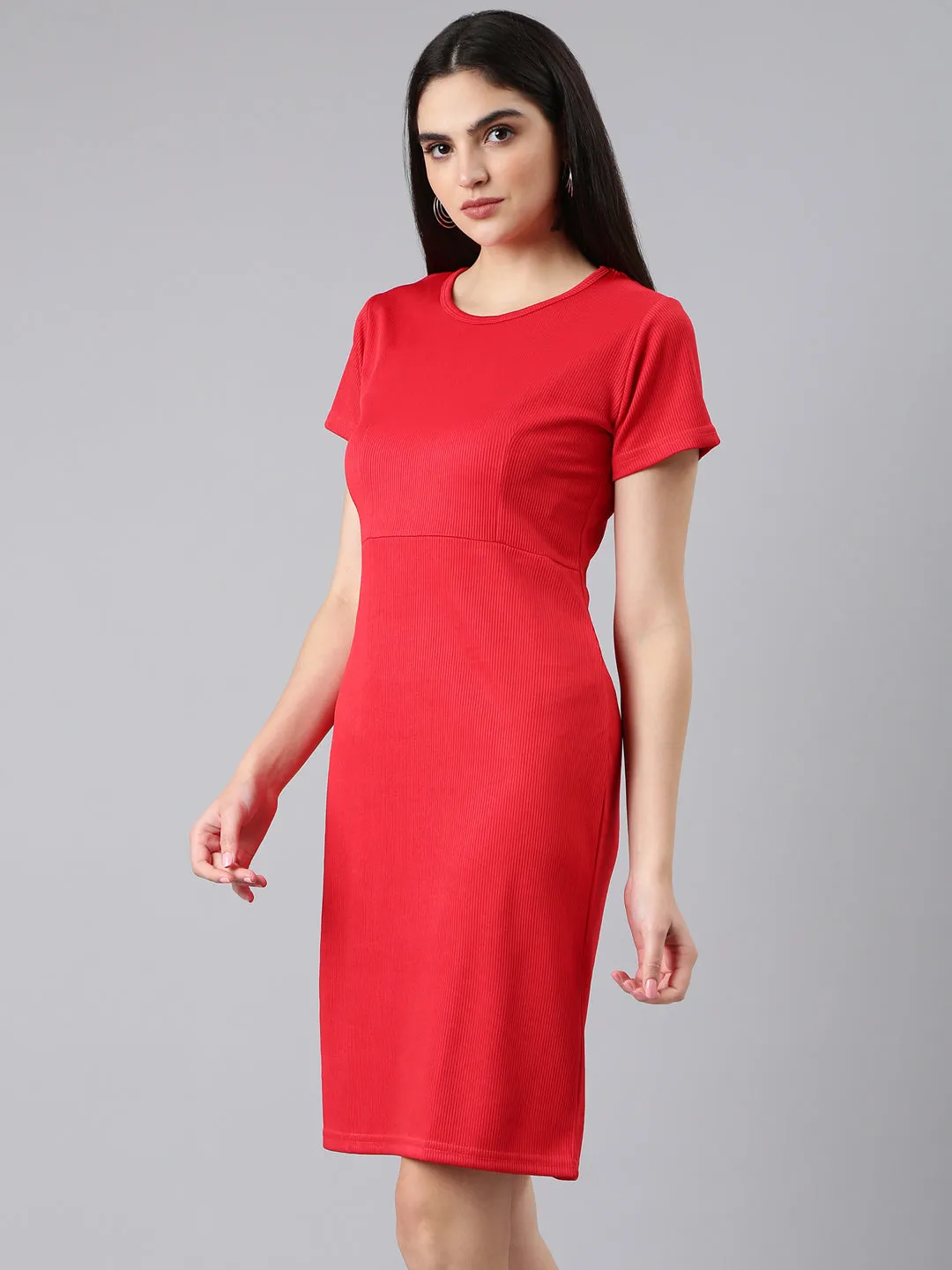 Body Ease Women's Red Round Neck Sheath Dress