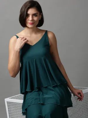 Fashion Look Women's Green Solid Layered Crepe Empire Midi Dress