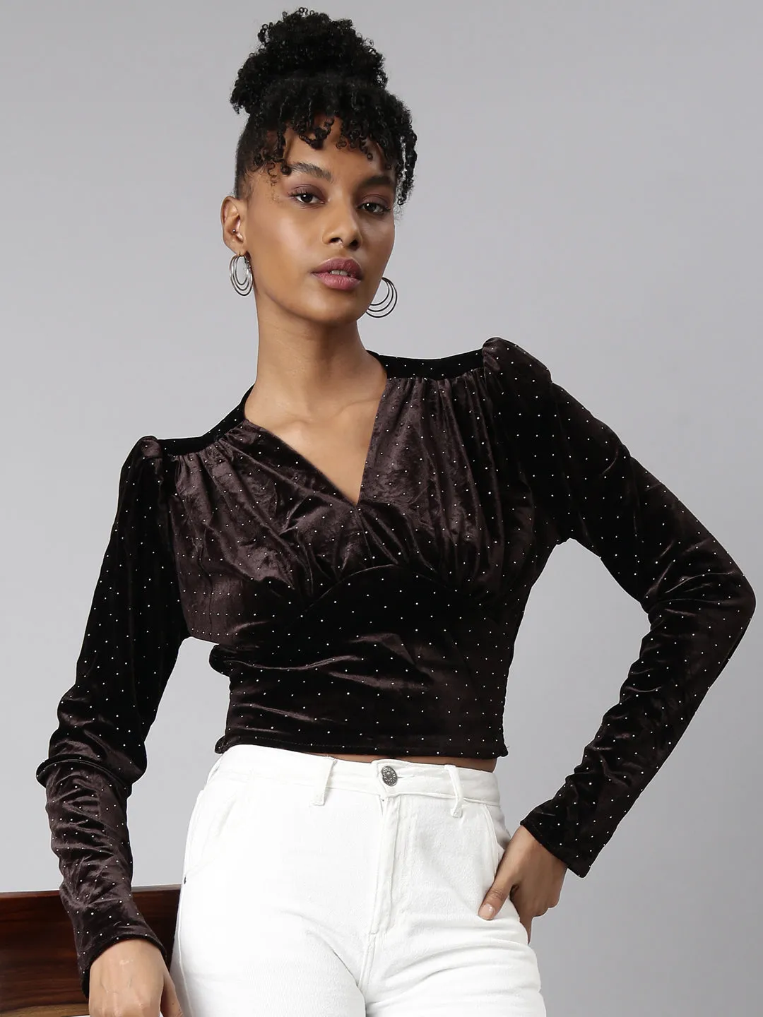 Women's Brown V-Neck Embellished Puff Sleeve Studded Wrap Top weekday wear Comfortable Stretch