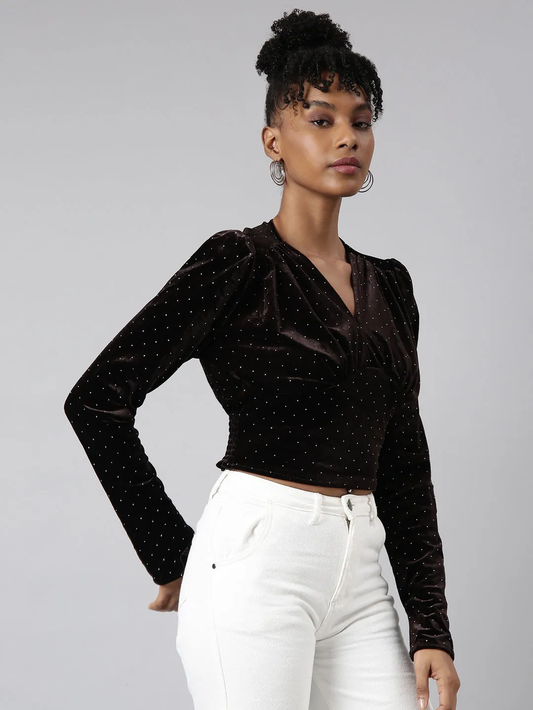 All-Day Comfort Wear Timeless Wear Women's Brown V-Neck Embellished Puff Sleeve Studded Wrap Top