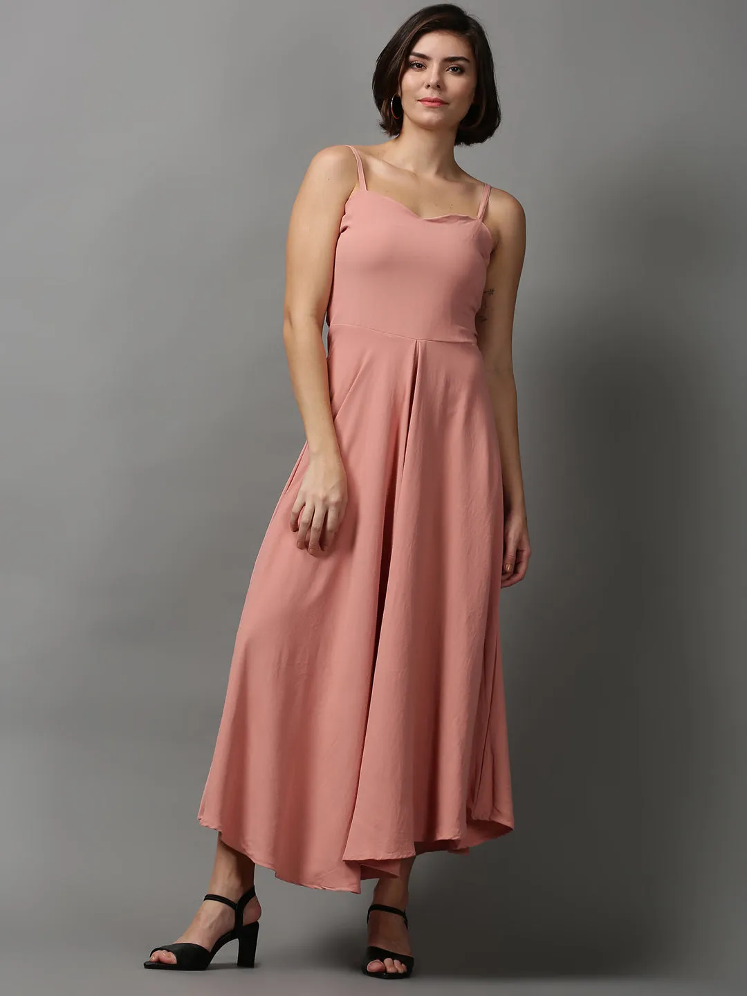 Women's Peach Solid A-Line Maxi Dress Quick-Dry Romantic Bloom