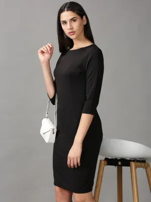 Women's Black Solid Bodycon Dress Modest Cut