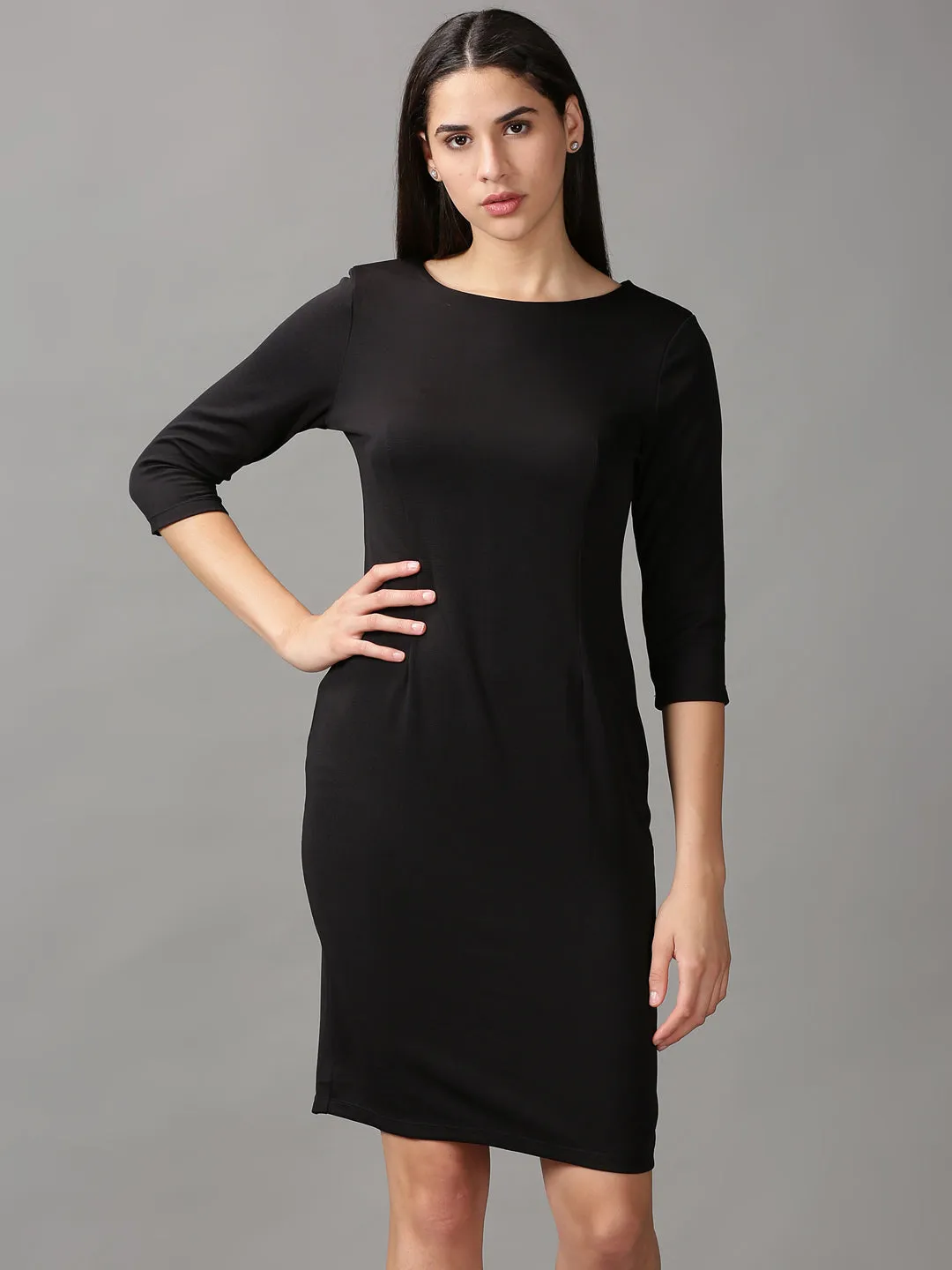 Women's Black Solid Bodycon Dress Panelled-Design Lux Look