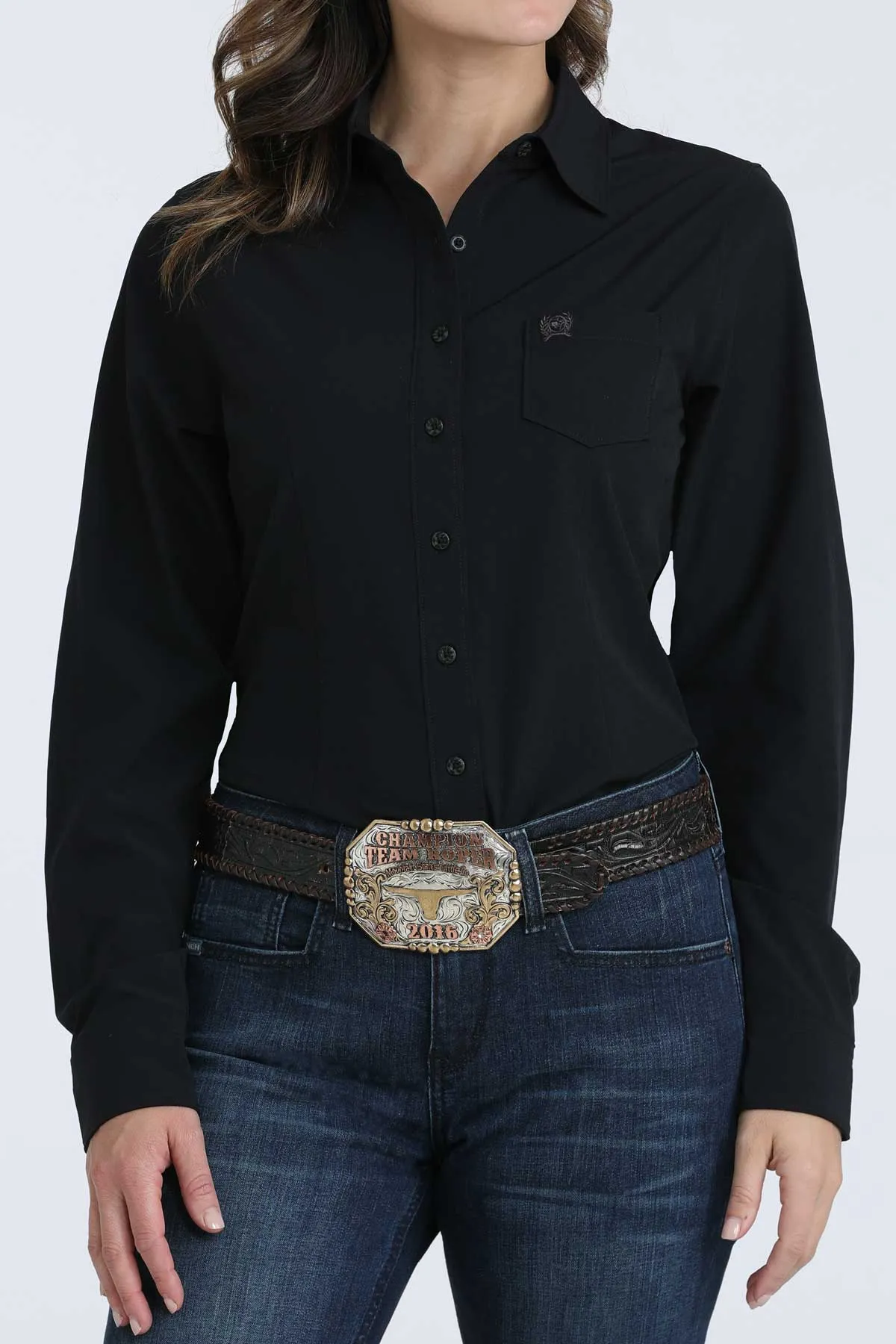Cinch Women's L/S ArenaFlex Solid Black Western Button Down Shirt Wide Neck Opening Versatile Wardrobe Piece