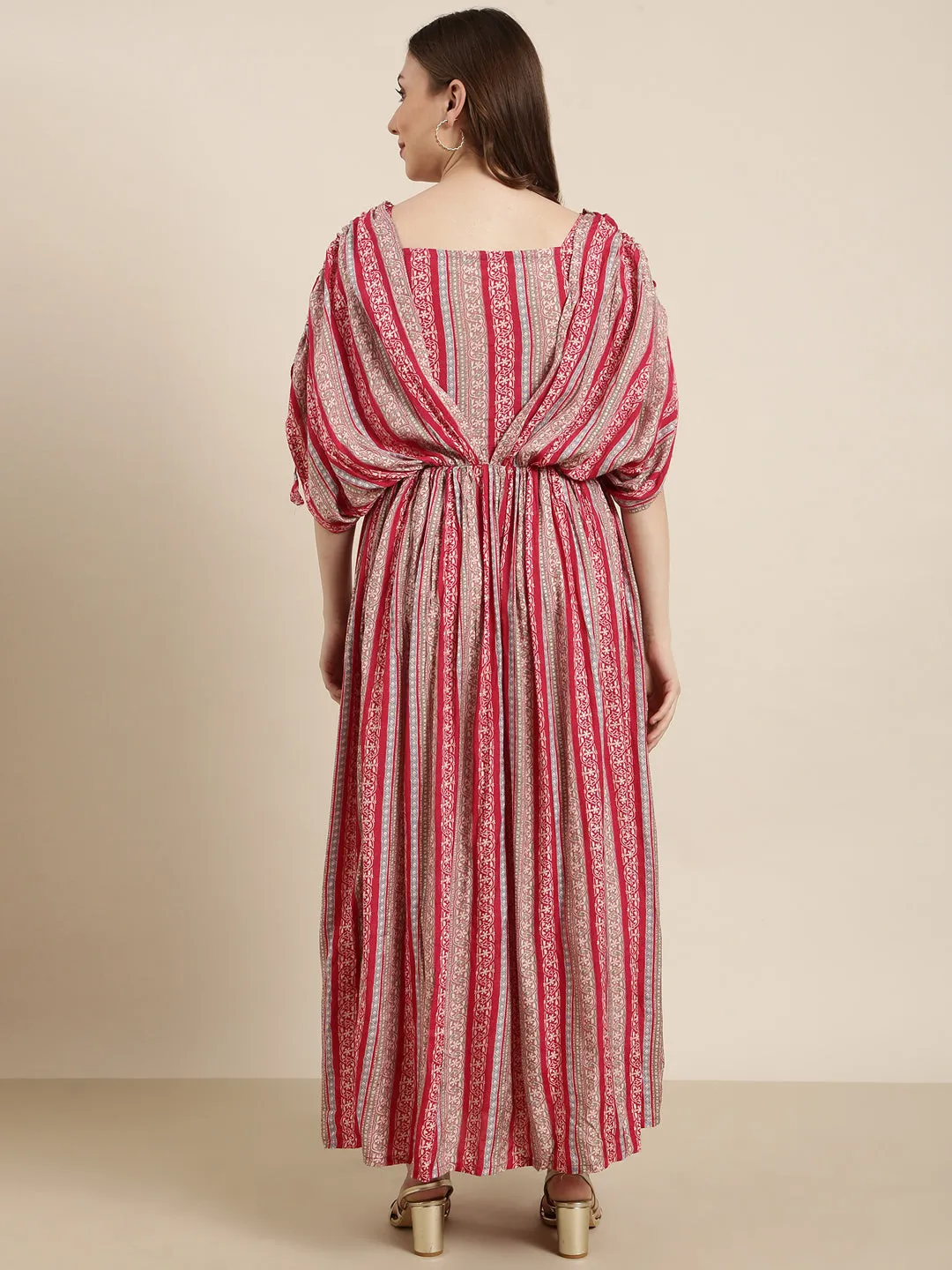 Women's Pink Floral Print Fit & Flare Cotton Maxi Dress Daily Ready Contrast-Panel