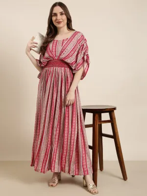 Elegant Charm Women's Pink Floral Print Fit & Flare Cotton Maxi Dress