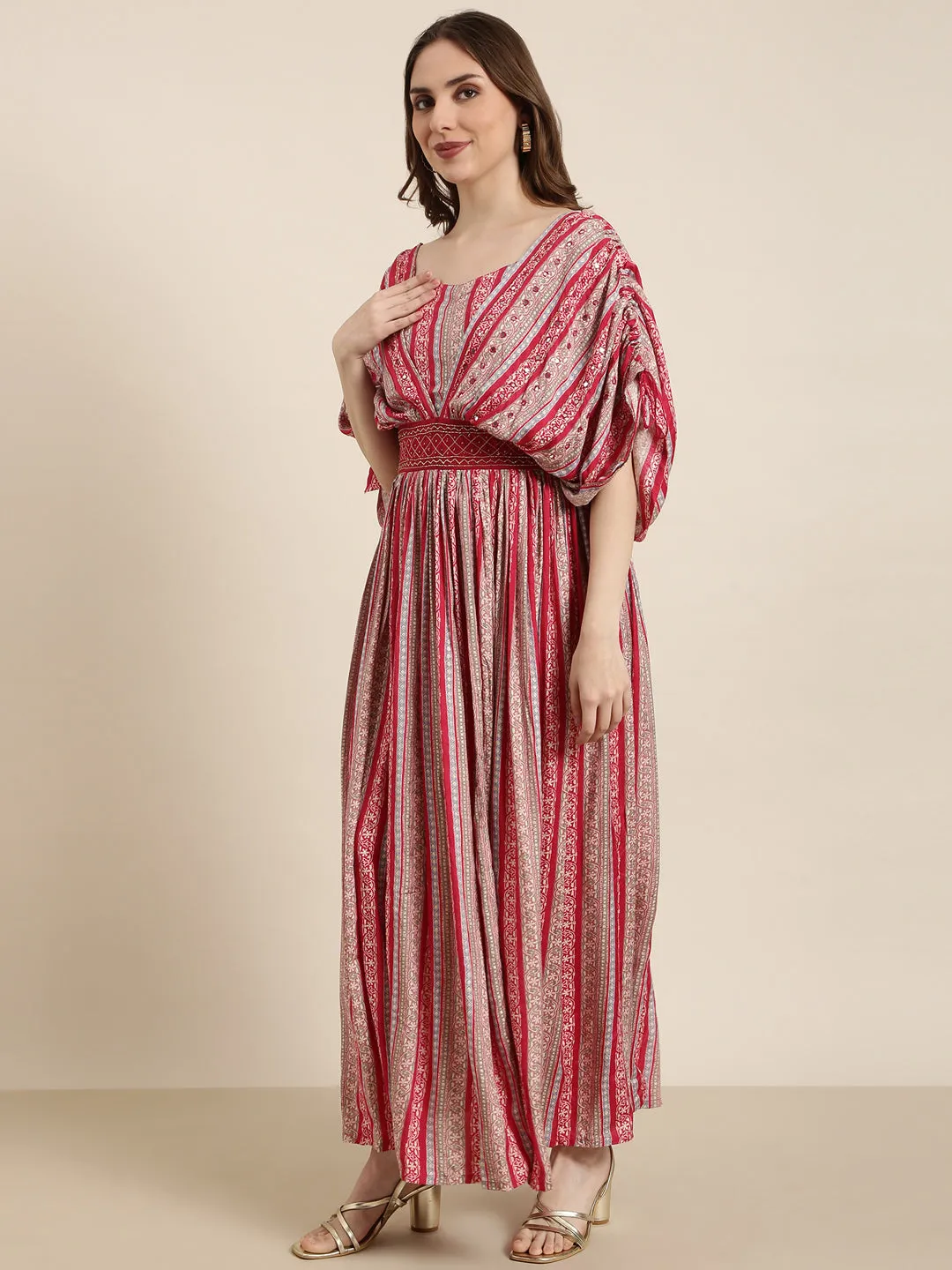 Women's Pink Floral Print Fit & Flare Cotton Maxi Dress Perfect Day-to-Night Quick Layer