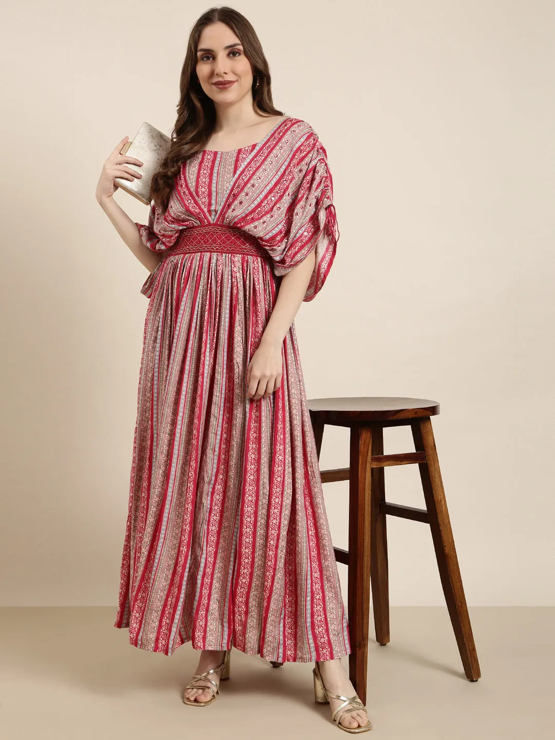 Elegant Charm Women's Pink Floral Print Fit & Flare Cotton Maxi Dress