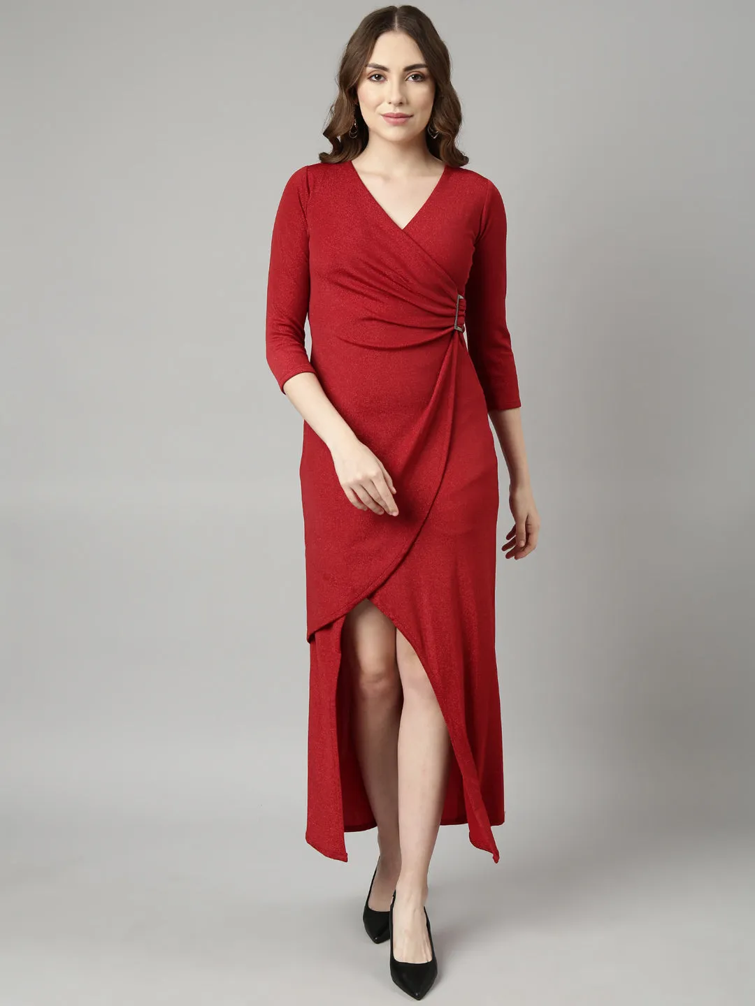 Women's Red Maxi Wrap Party Wear Dress Moment Soft Structured-Shape