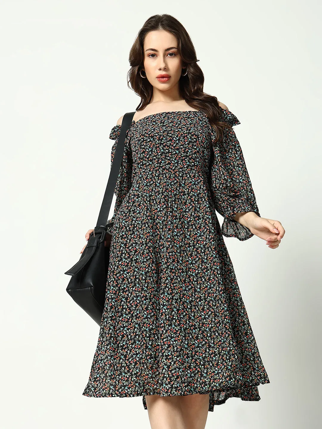 Women's Black Floral Printed Fit& Flare Dress Flattering and Chic