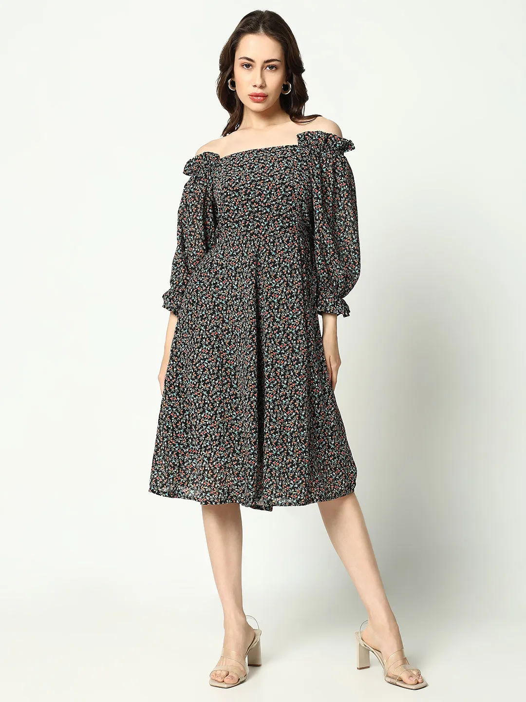 Women's Black Floral Printed Fit& Flare Dress Trend Fit
