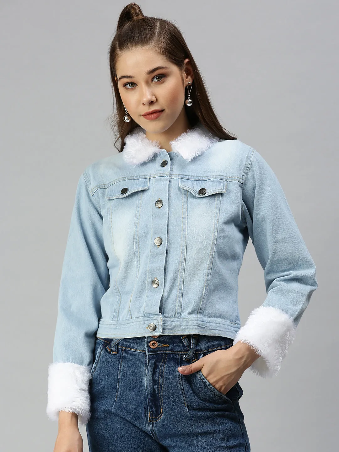 Soft Touch Lining Sun Protective Fabric Women's Blue Solid Denim Jacket Jackets