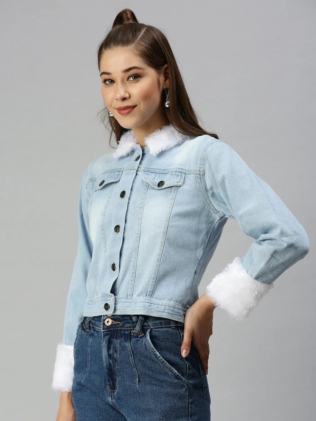 Women's Blue Solid Denim Jacket Jackets No Static Reflective Safety Details