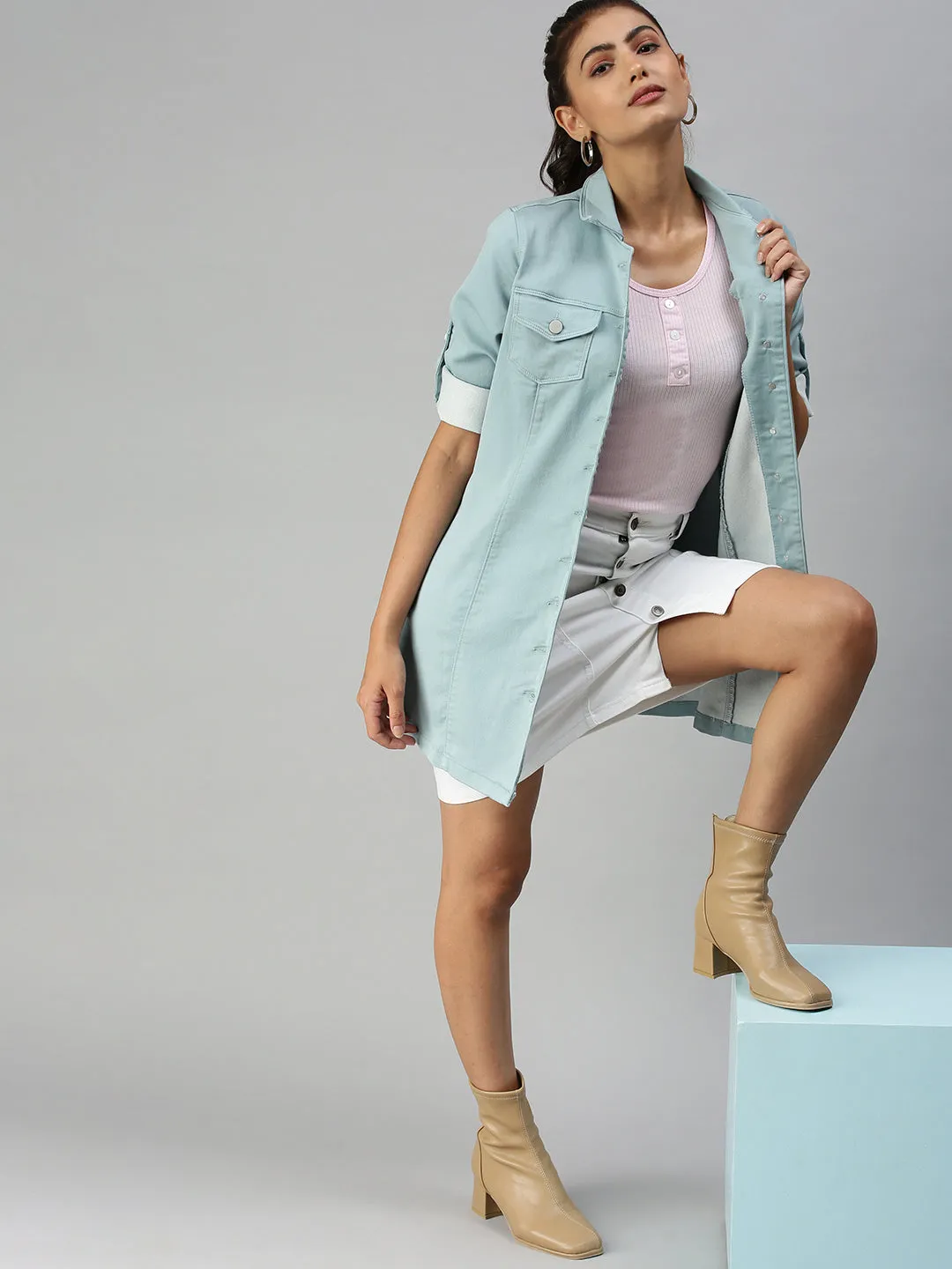 Women's Sea Green Solid Denim Jacket ErgonomicCut