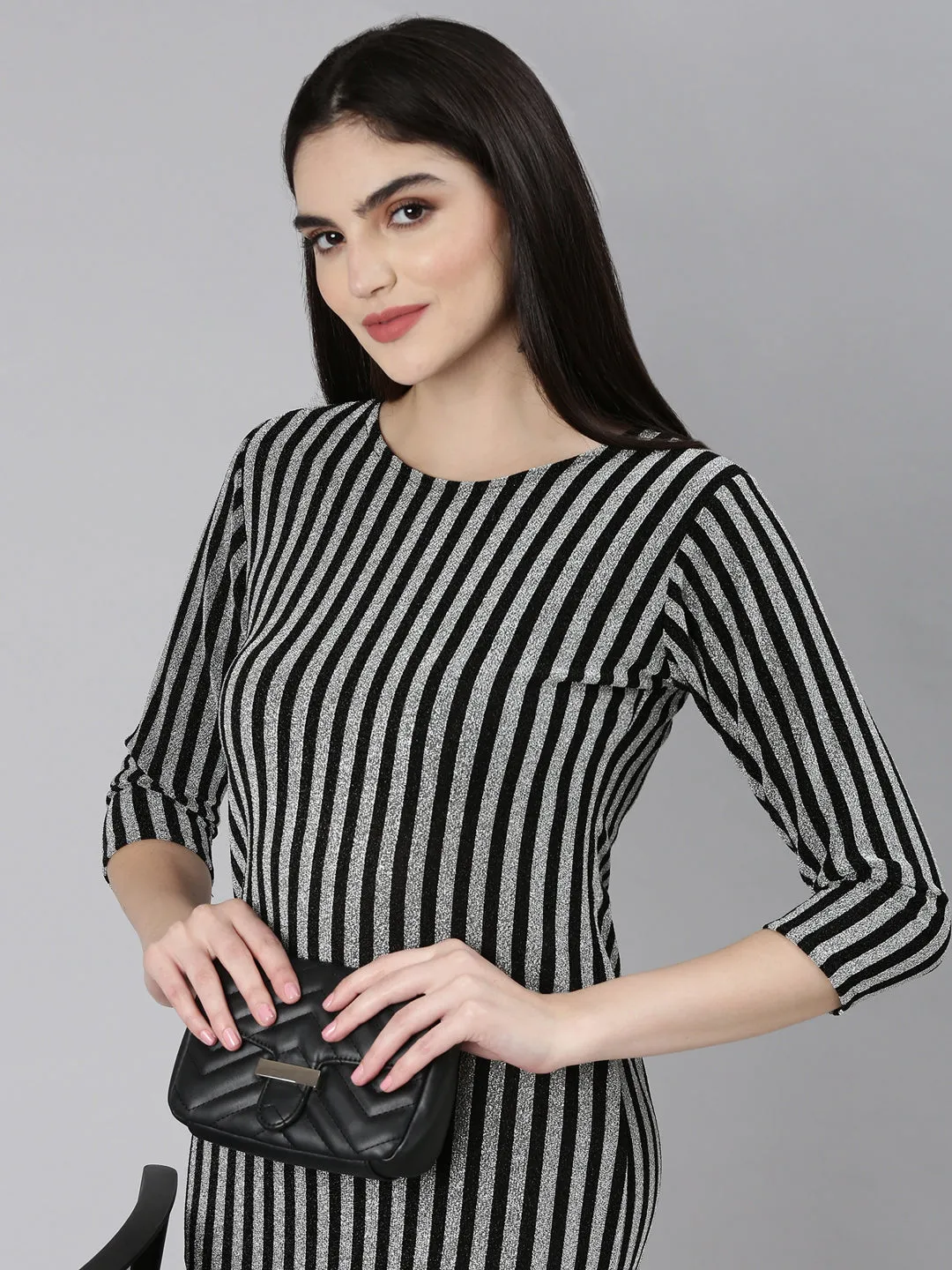 Daywear Comfort single wear Women's Silver Striped Bodycon Dress
