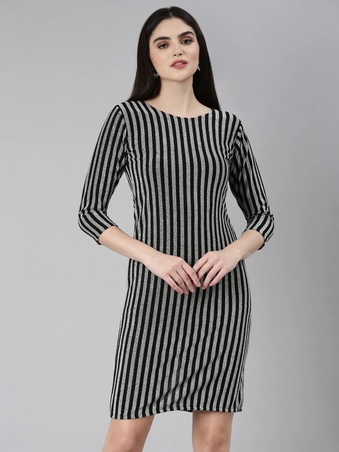Smocked-Detail Women's Silver Striped Bodycon Dress
