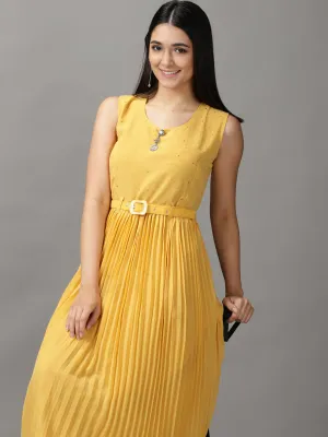 Women's Yellow Sleeveless Fit and Flare Midi Dress Cinched-Waist Cool Look