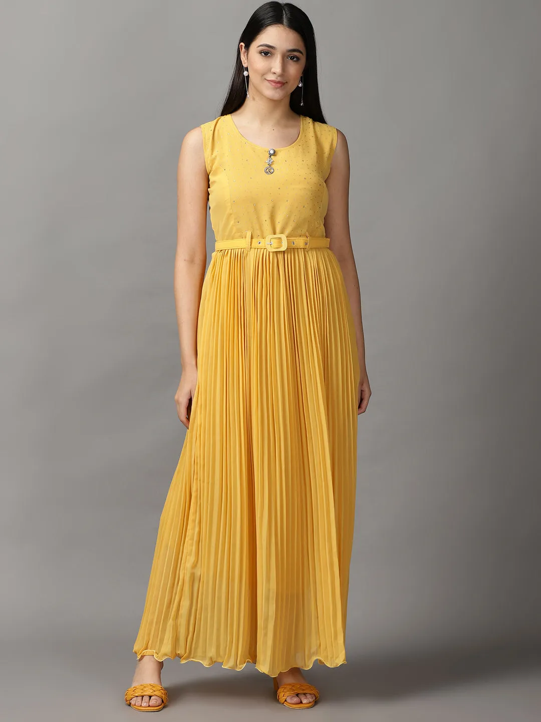 Women's Yellow Sleeveless Fit and Flare Midi Dress Cool Season