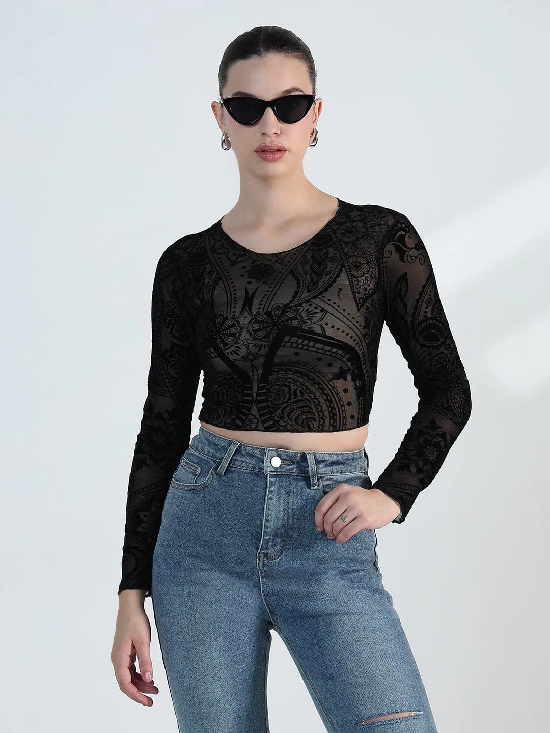 Comfy Performance Wear Women's Printed Round Neck Black Mesh Crop Top