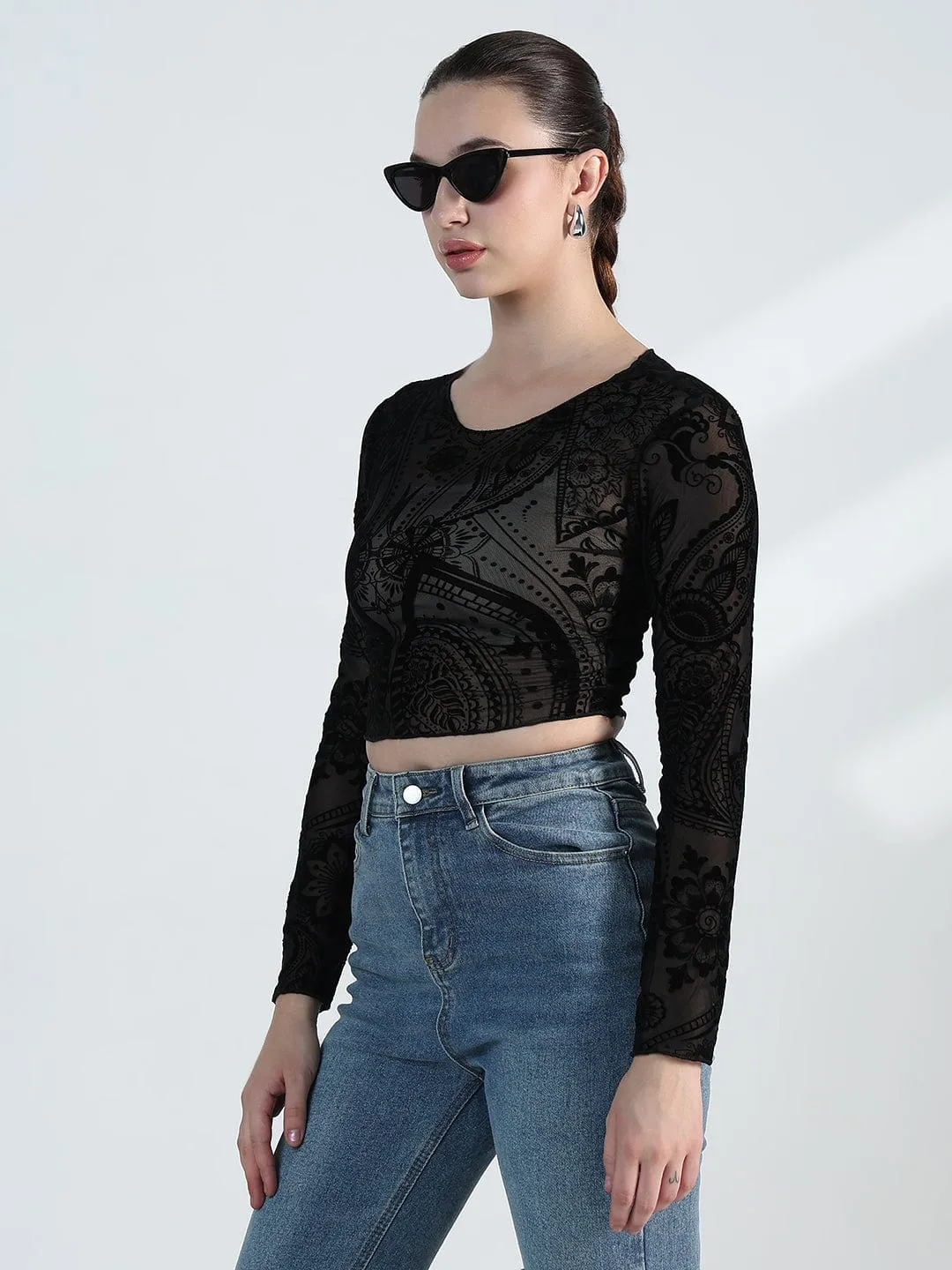 Stylish Day Wear Women's Printed Round Neck Black Mesh Crop Top