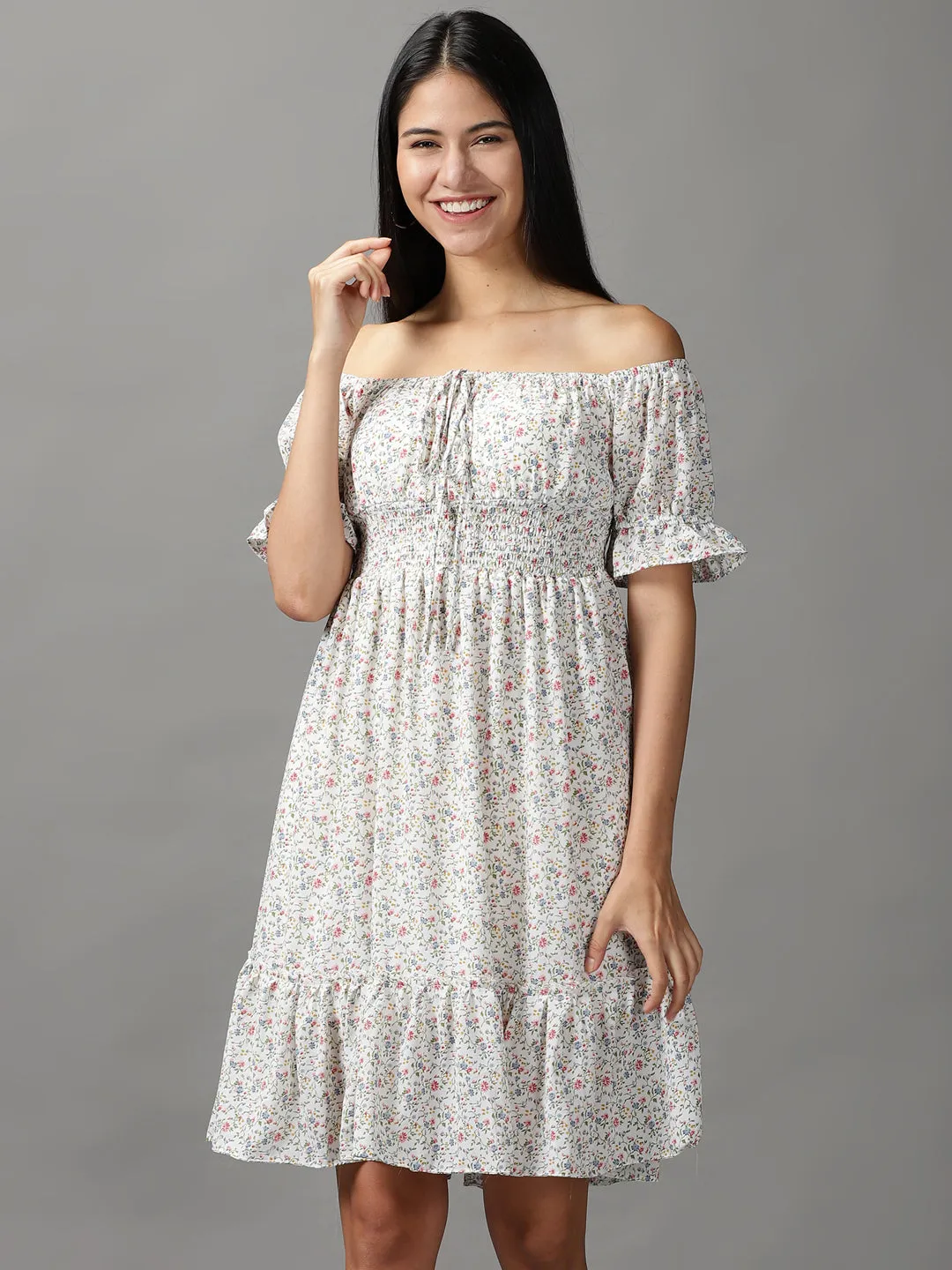 Women's White Floral Off-Shoulder Fit & Flare Dress Sleek Silhouette