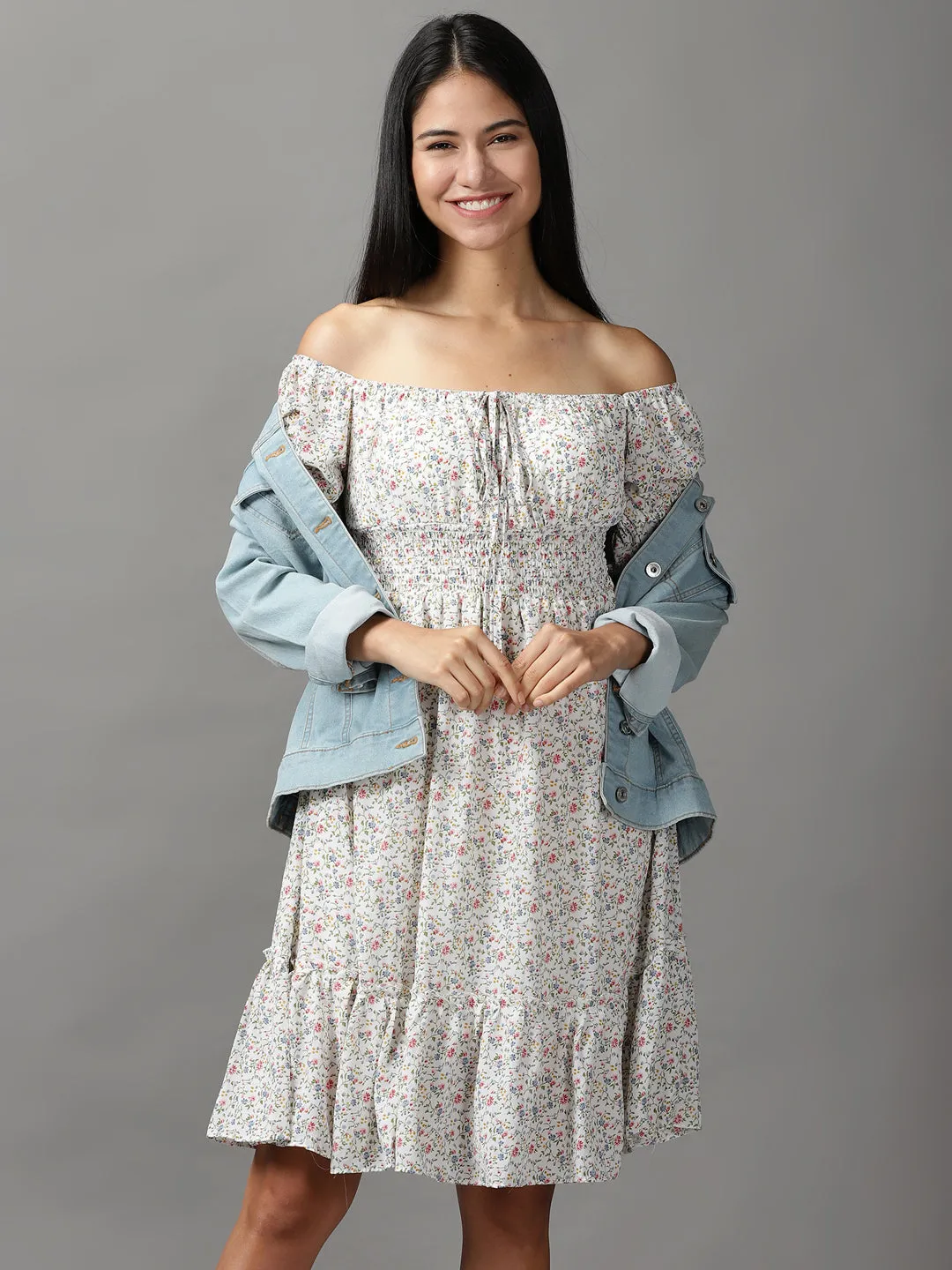 Women's White Floral Off-Shoulder Fit & Flare Dress Cute Glow Shared Moment