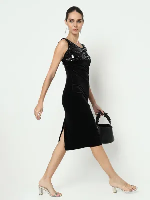 Timeless Line plus-size Women's Sequined Black Velvet Bodycon Dress with Back Slit