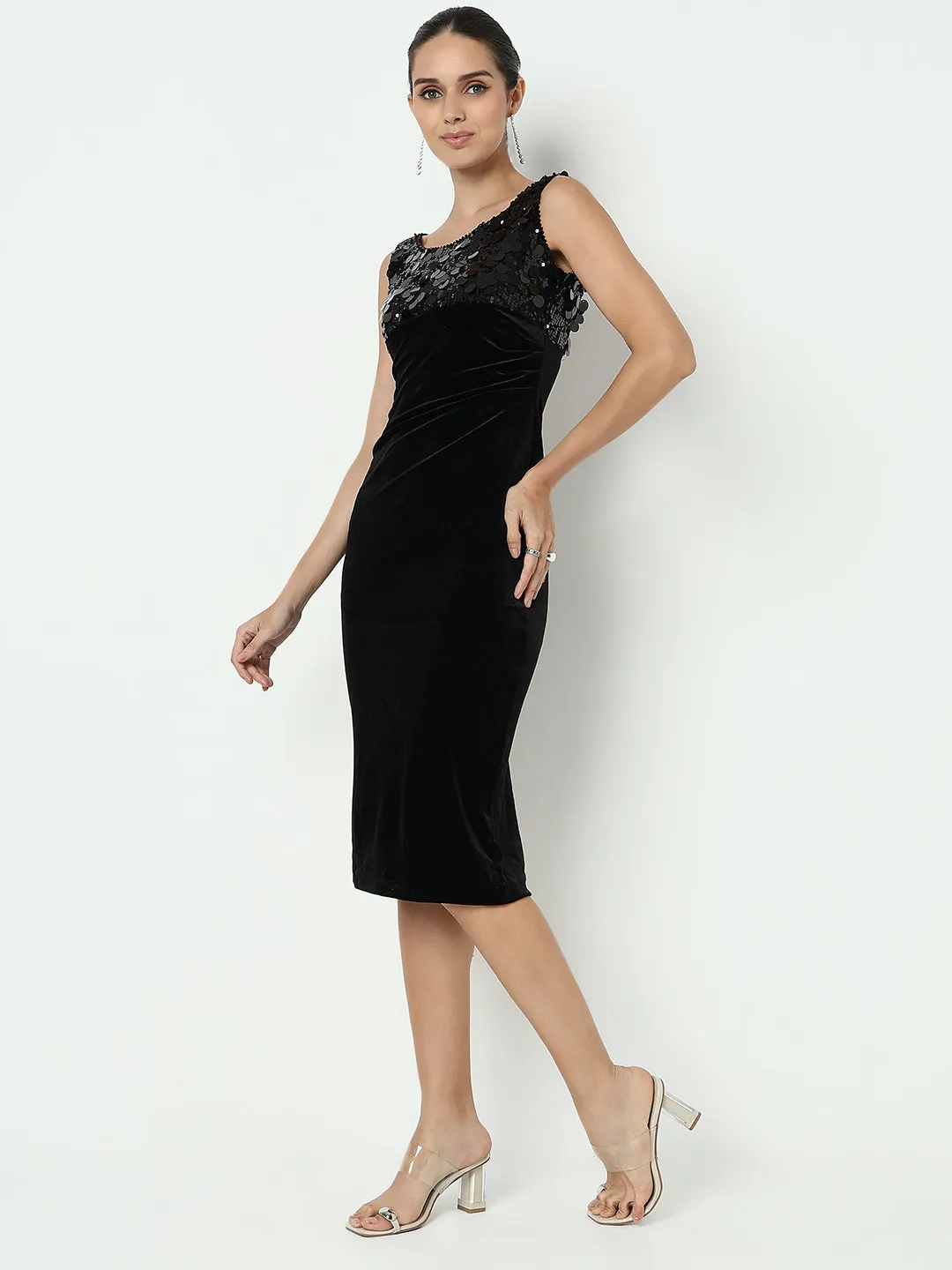 Women's Sequined Black Velvet Bodycon Dress with Back Slit breathable fabric dress