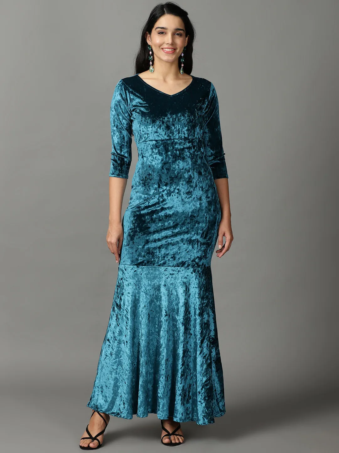 Women's Turquoise Blue V-Neck Mermaid Sequin Velvet Sheath Maxi Dress Night Party Daily Comfort