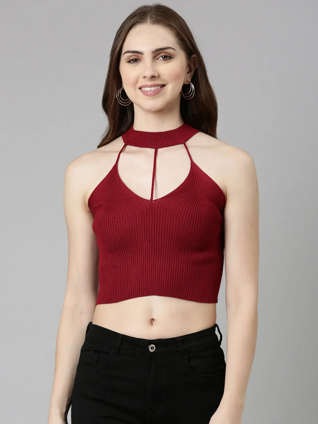 Washable fabric Women's Maroon Halter Neck Fitted Crop Top