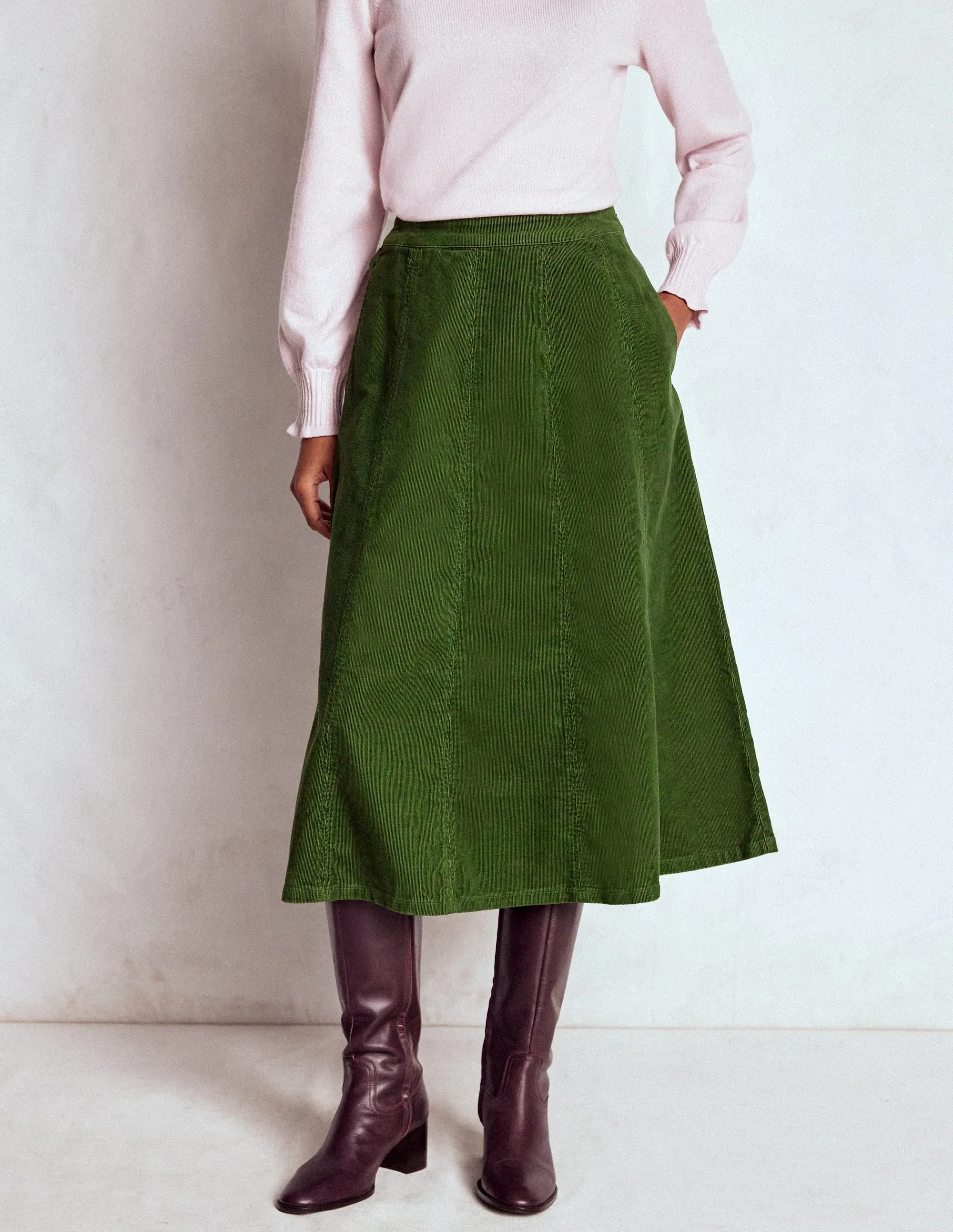 Draped Silhouette Handmade Item Joy Cord Midi Skirt-Fern