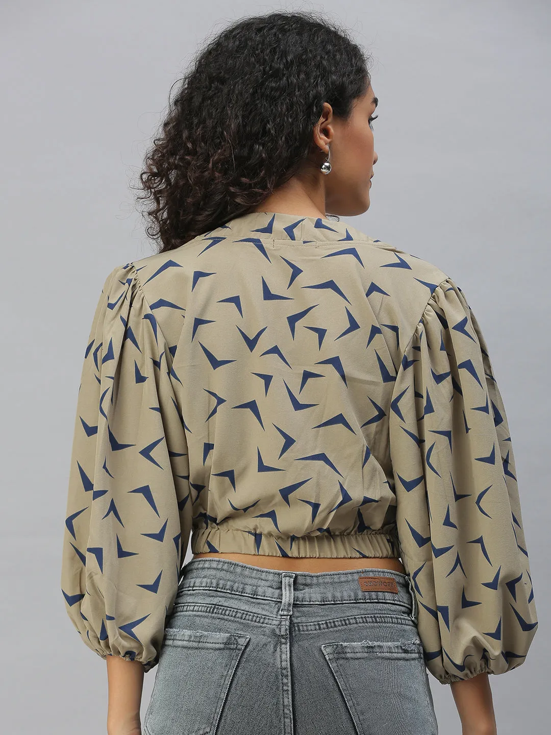 ColorfastFabricTech Holiday Casual Women's Beige Print Crepe Wrap Crop Top