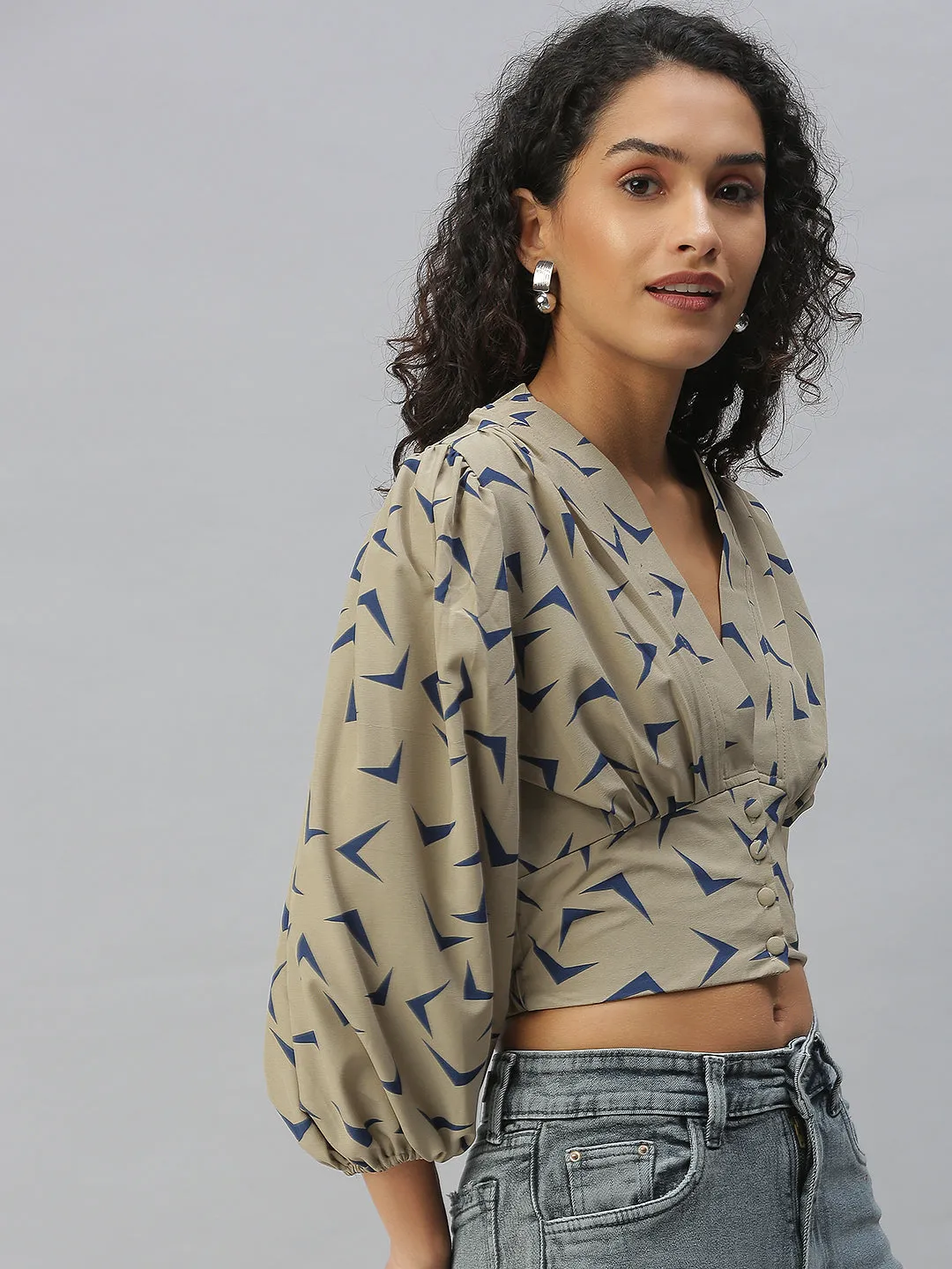 Women's Beige Print Crepe Wrap Crop Top Spring Wear