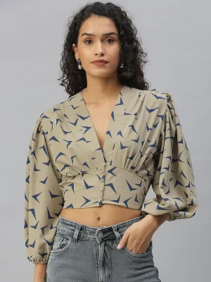 Women's Beige Print Crepe Wrap Crop Top Fit Design Active Fit