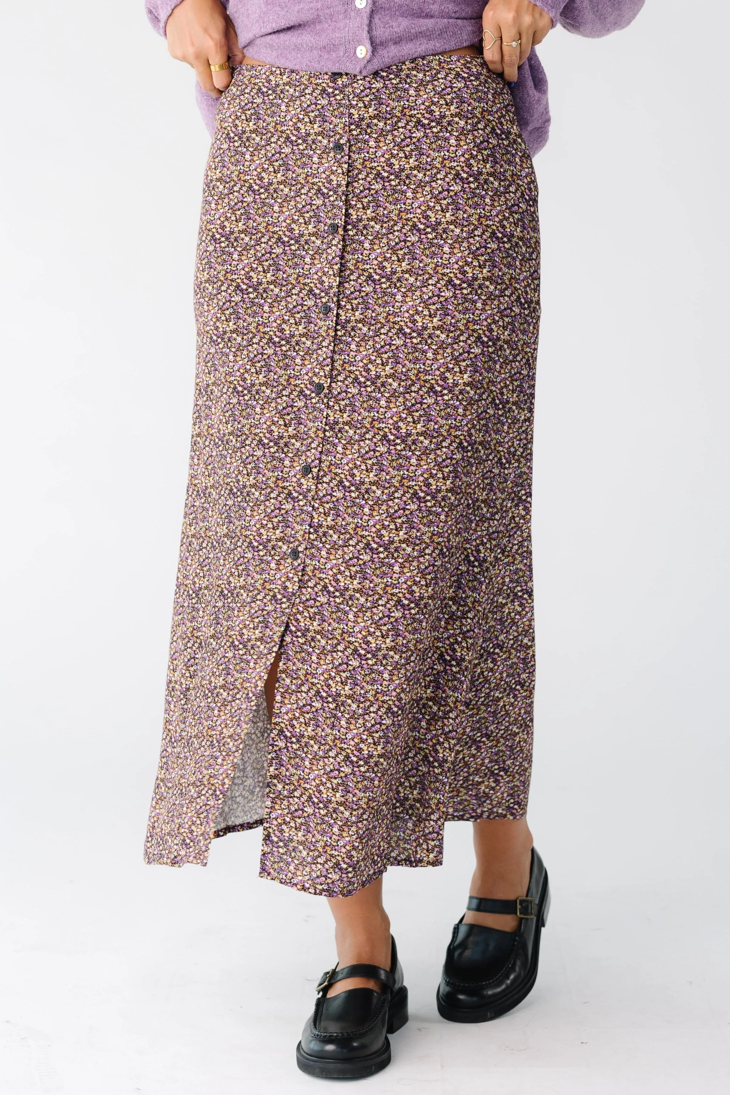 Asymmetrical Cut Scalloped Edge Floral Printed Midi Skirt