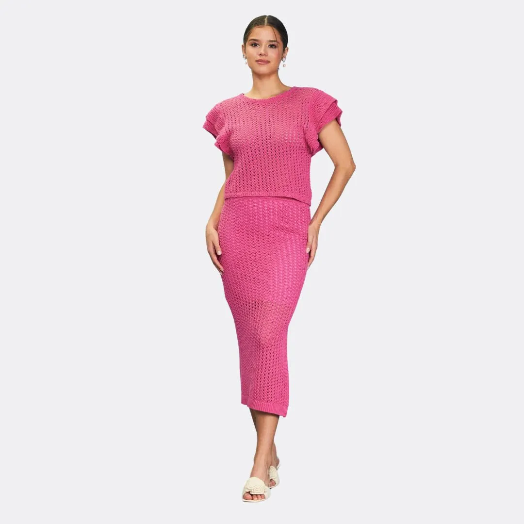 Flutter Sleeve Crochet Sweater (Flamingo) Weekend Ready Daily Casual