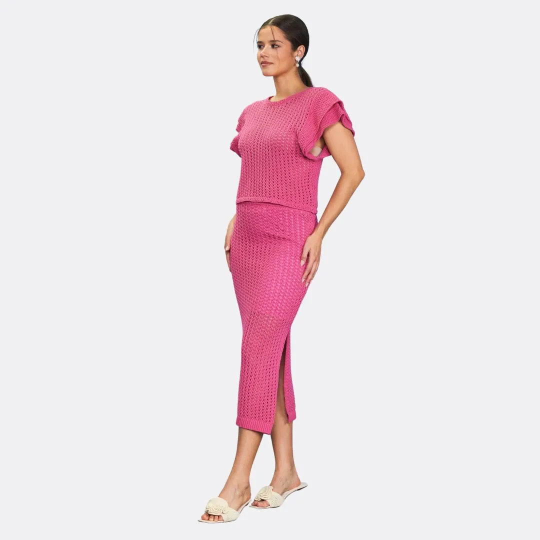 Flutter Sleeve Crochet Sweater (Flamingo) ShapeRetention Fabric MachineWashable Structure