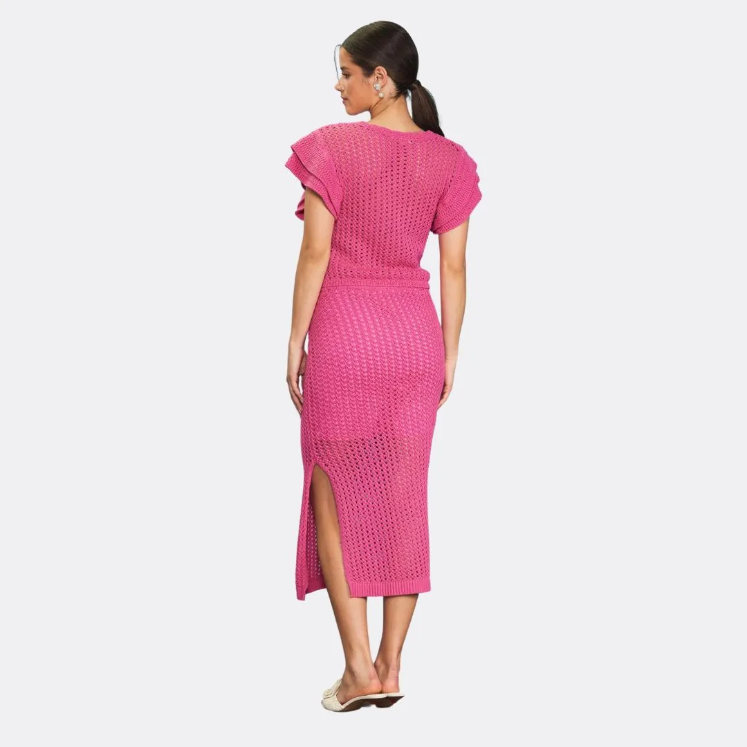 Polished Feel Lived In Flutter Sleeve Crochet Sweater (Flamingo)