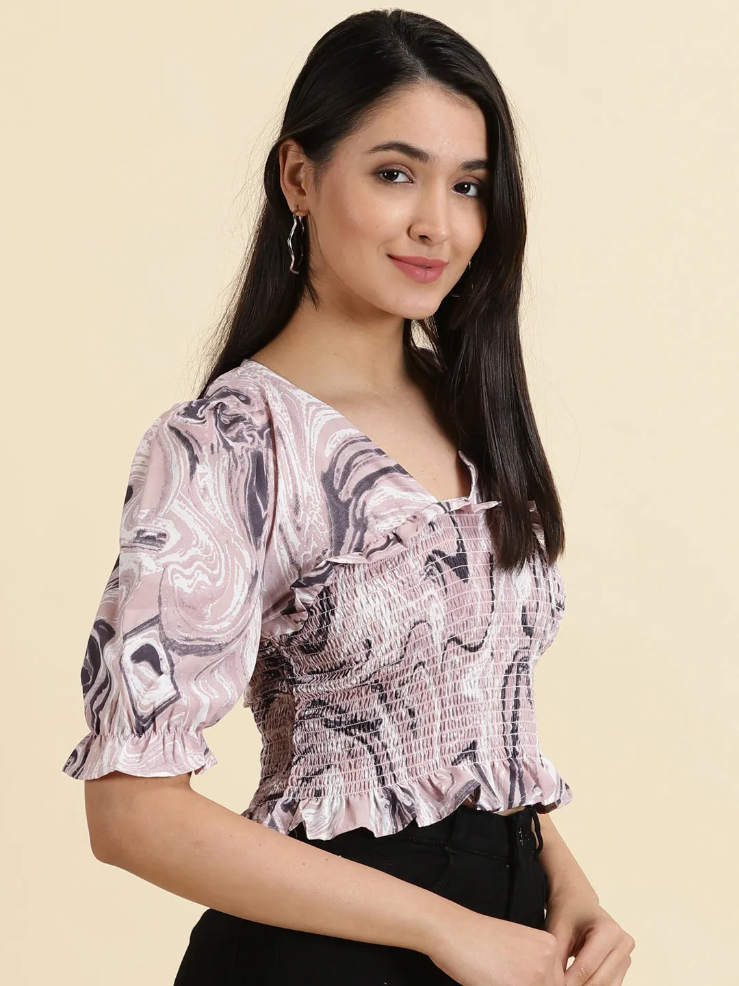 Women's Mauve Abstract Print Puff Sleeve Smocked Crepe Crop Top regular but not boring