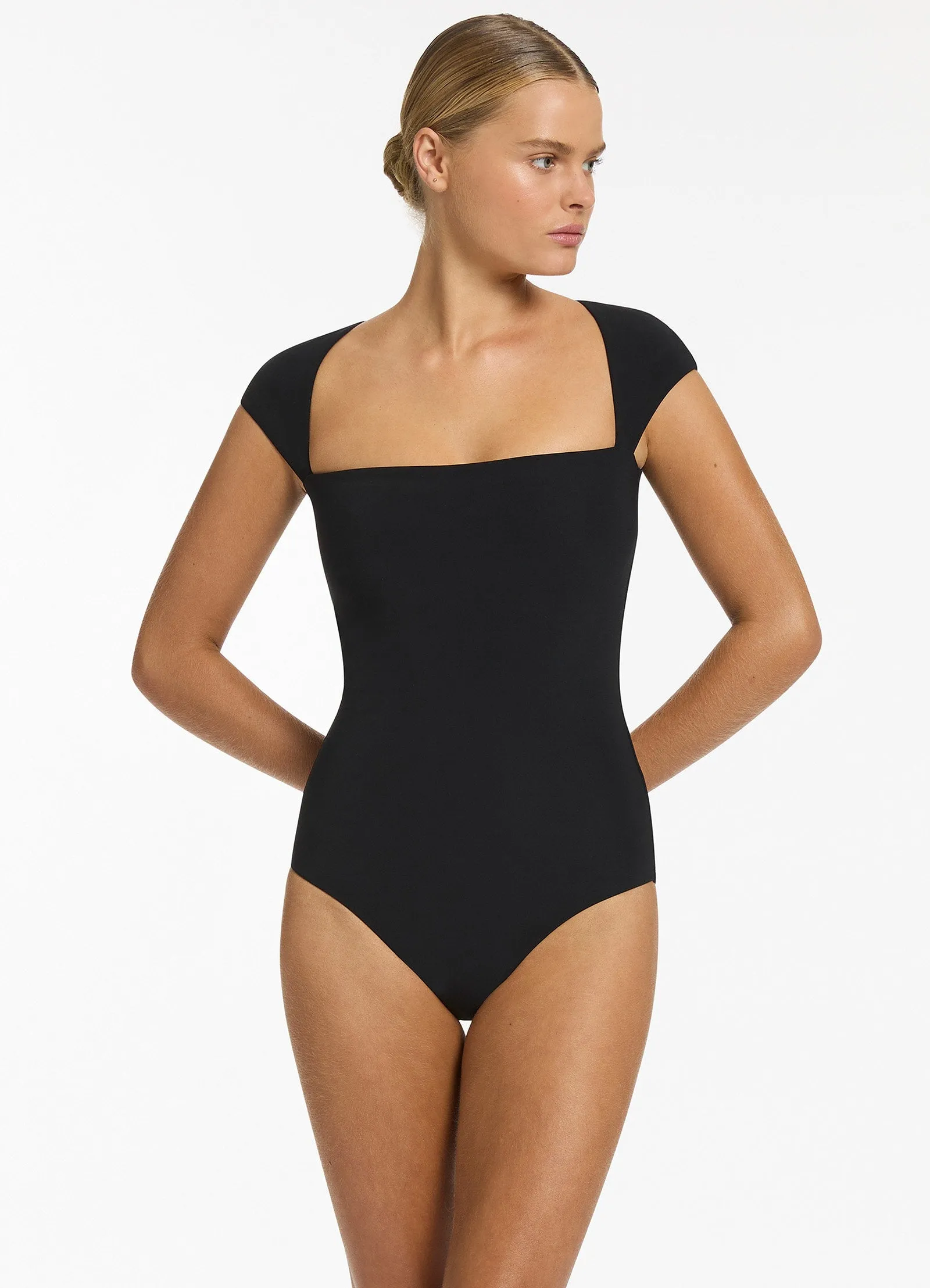 Jetset Cap Sleeve One Piece - Black High Stretch Fabric Twist Front Detailing