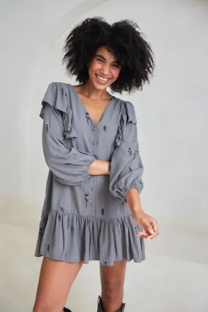 Cinched-Waist Frankie Floral Embroidered Frill Dress