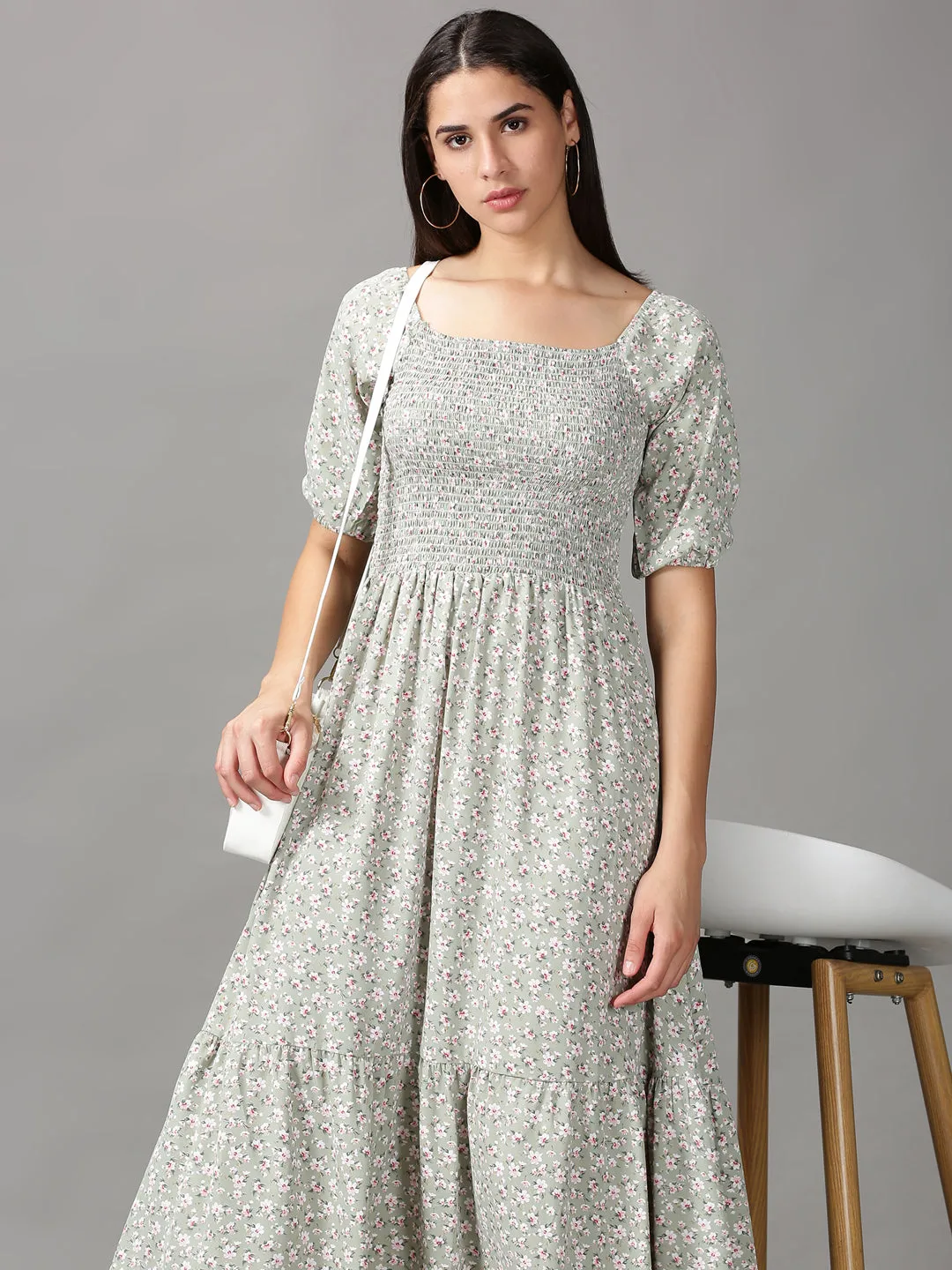 Women's Sea Green Floral Chiffon Fit & Flare Dress Elegant Charm