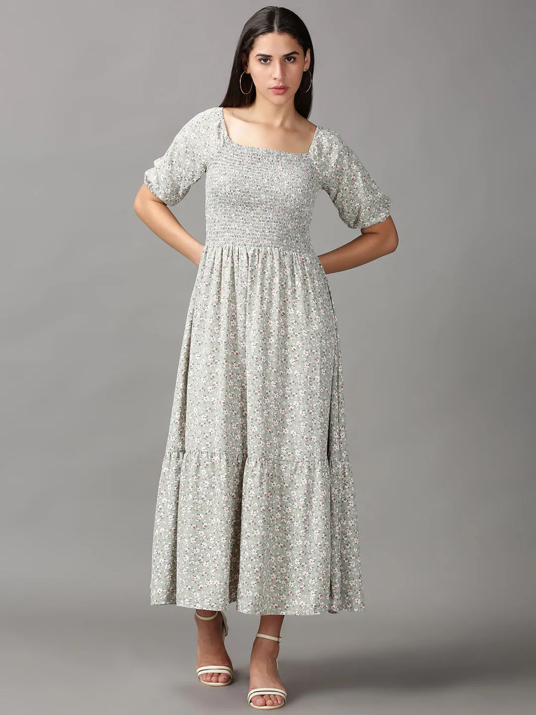 Women's Sea Green Floral Chiffon Fit & Flare Dress Casual weekend dress Comfortable Waist Design Fit