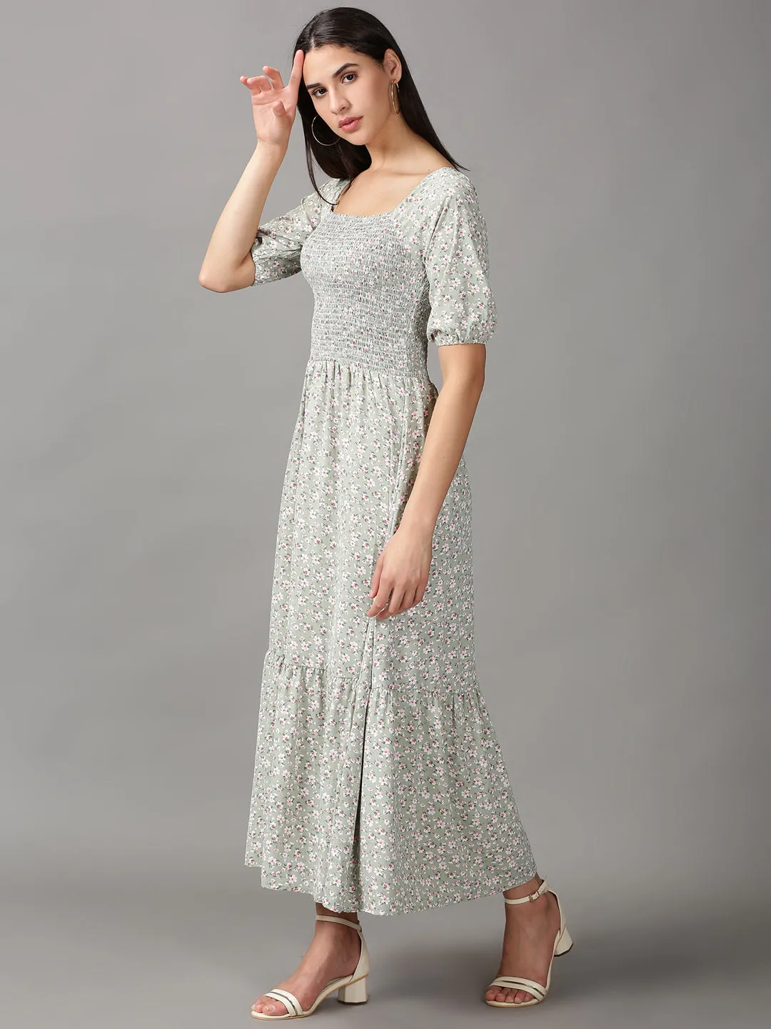 Feminine Details Women's Sea Green Floral Chiffon Fit & Flare Dress