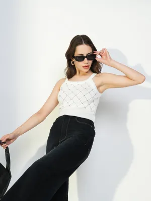 Soft and Light Wear Women's Embellished Ribbed White Crop Top