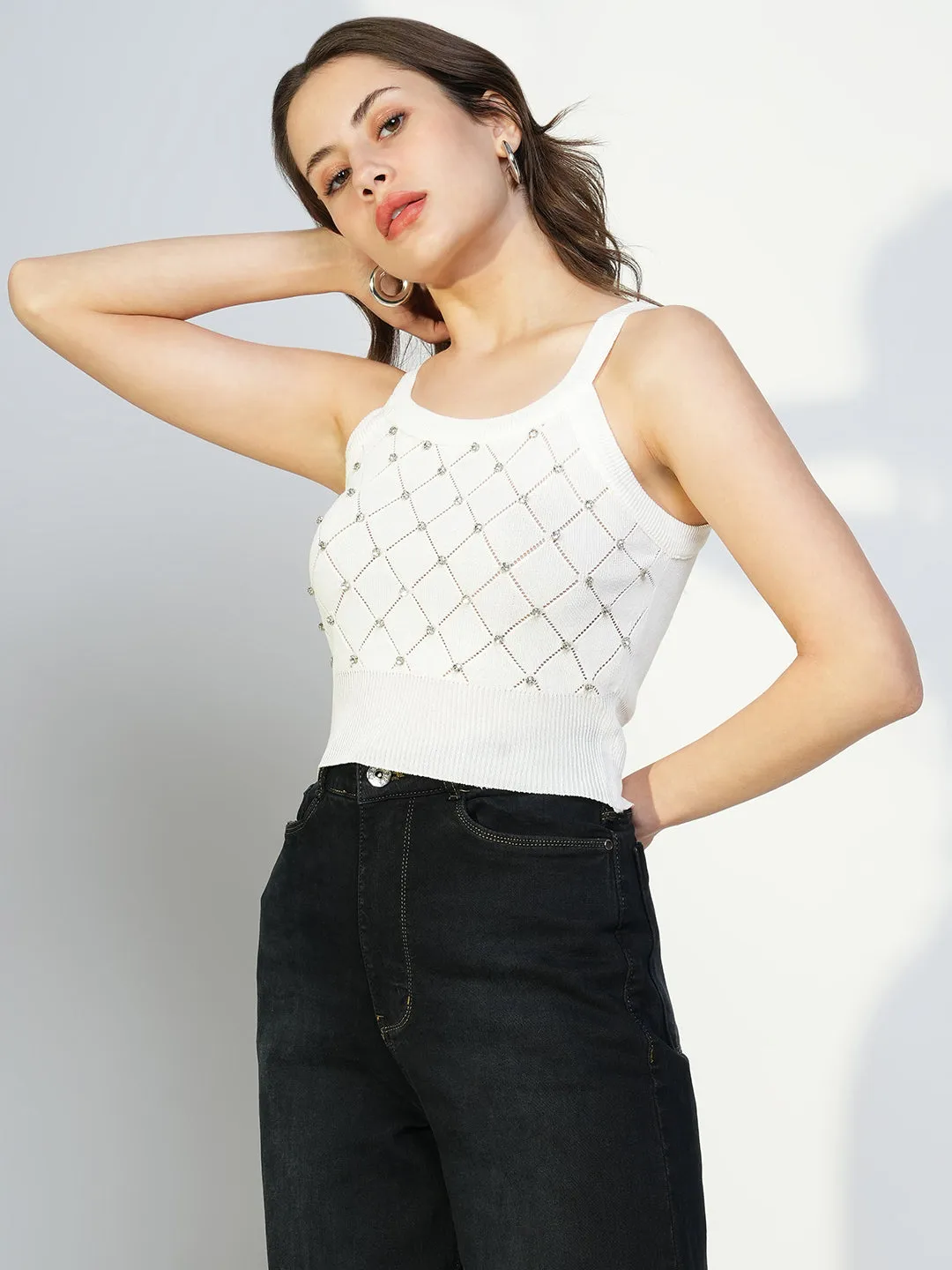 Casual and Soft Women's Embellished Ribbed White Crop Top